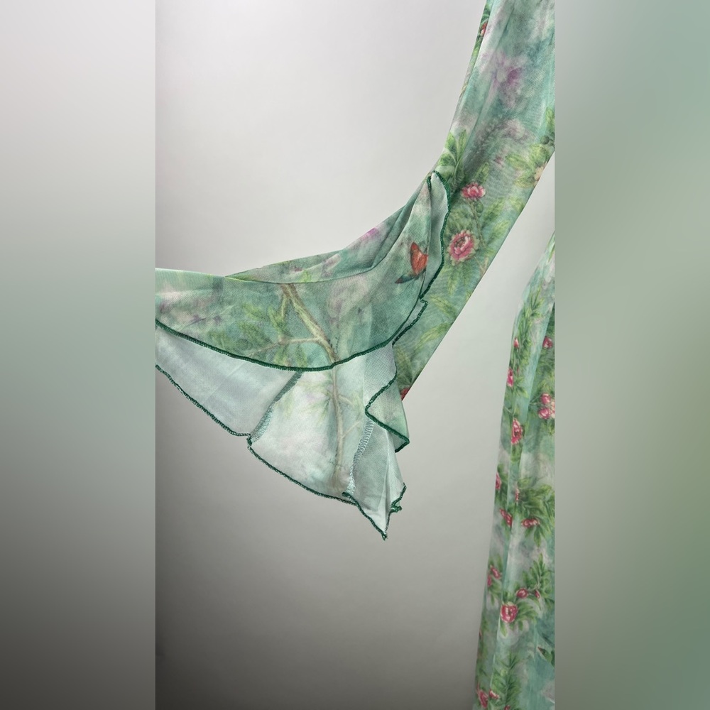 451B-GREEN. Floral Long Mesh Ruffled Cardigan - Picture 9 of 11